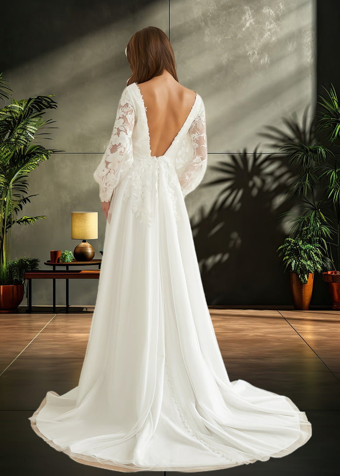 Kama | Elegant Sheath V Neck Lace Long Sleeve Ivory Chiffon Wedding Dress With Train From Pdc - Ivory - Promdressclub