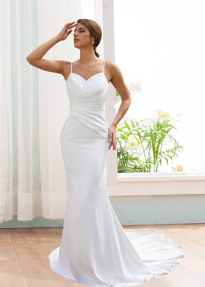 Katherine | Elegant Sheath/Column White Satin Spaghetti Strap Backless Wedding Dress With Court Train - White - Promdressclub