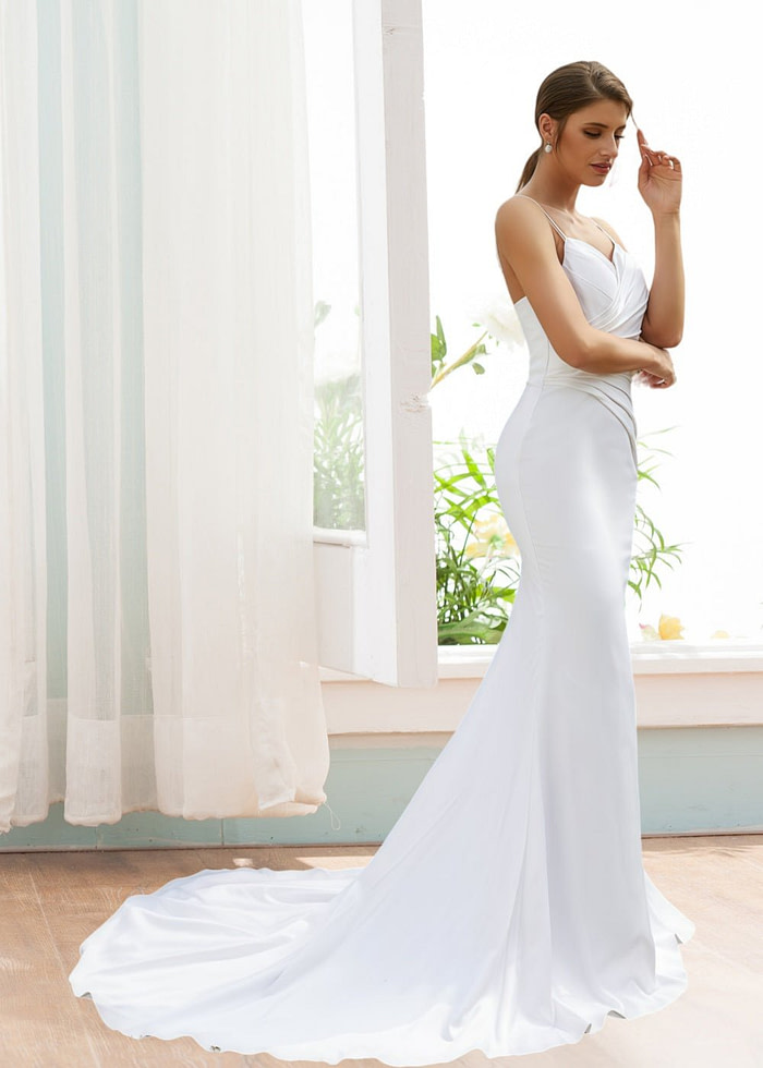 Katherine | Elegant Sheath/Column White Satin Spaghetti Strap Backless Wedding Dress With Court Train - White - Promdressclub