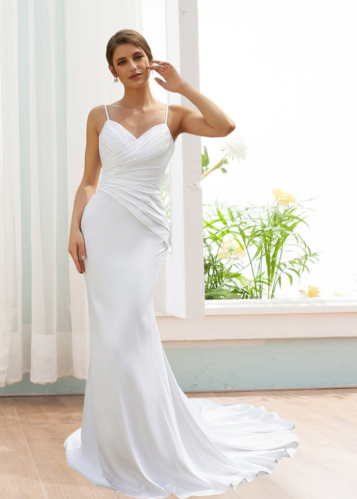 Katherine | Elegant Sheath/Column White Satin Spaghetti Strap Backless Wedding Dress With Court Train - White - Promdressclub