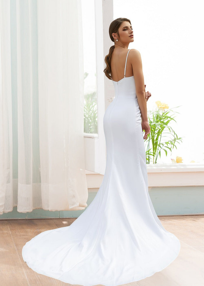 Katherine | Elegant Sheath/Column White Satin Spaghetti Strap Backless Wedding Dress With Court Train - White - Promdressclub