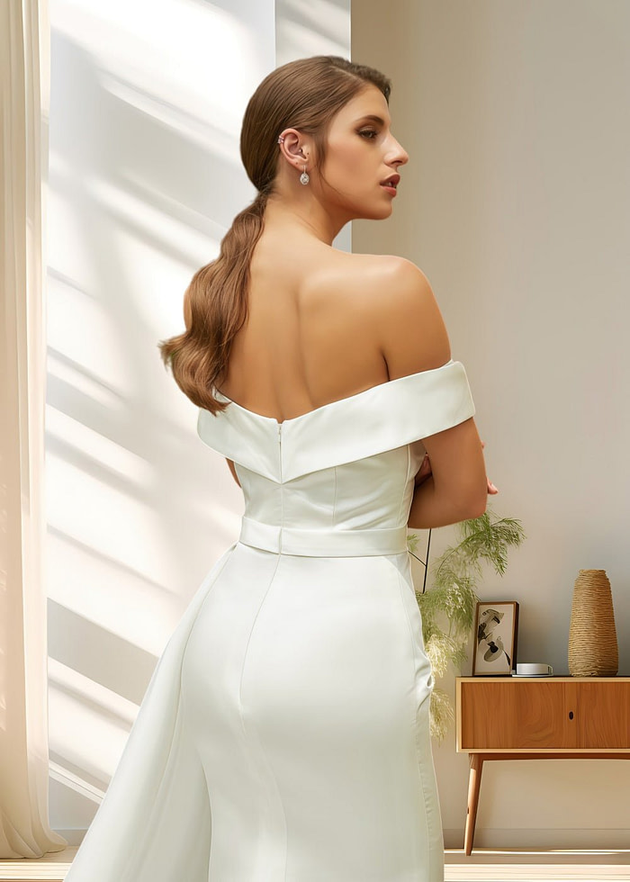 Laura | Elegant Off The Shoulder Mermaid Satin Ruched Wedding Dress With Train - Ivory - Promdressclub