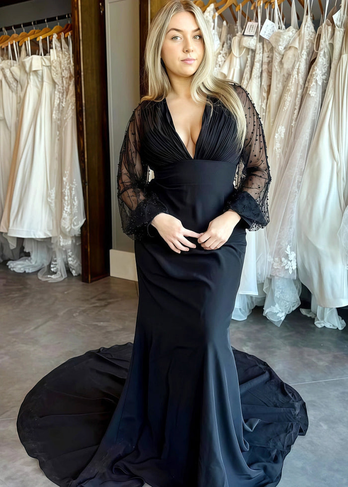 Black Mermaid Wedding Dress Under 500 Beaded Long Sleeves