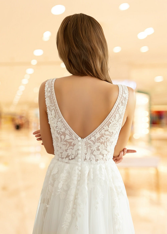 Lesley | Stunning A Line/Princess V Neck Applique Lace Tulle Wedding Dress With Sweep Train - White - Promdressclub