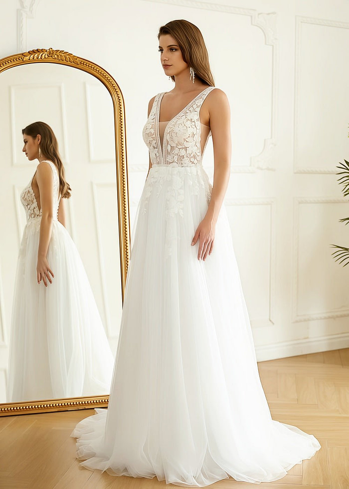 Lesley | Stunning A Line/Princess V Neck Applique Lace Tulle Wedding Dress With Sweep Train - White - Promdressclub