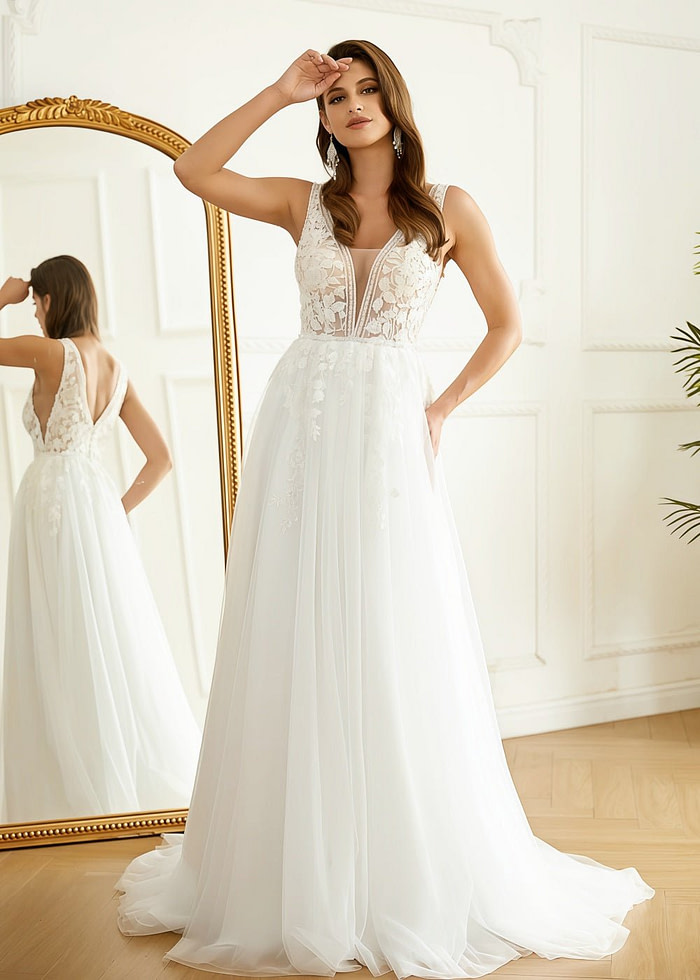 Lesley | Stunning A Line/Princess V Neck Applique Lace Tulle Wedding Dress With Sweep Train - White - Promdressclub