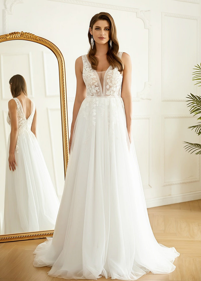 Lesley | Stunning A Line/Princess V Neck Applique Lace Tulle Wedding Dress With Sweep Train - White - Promdressclub