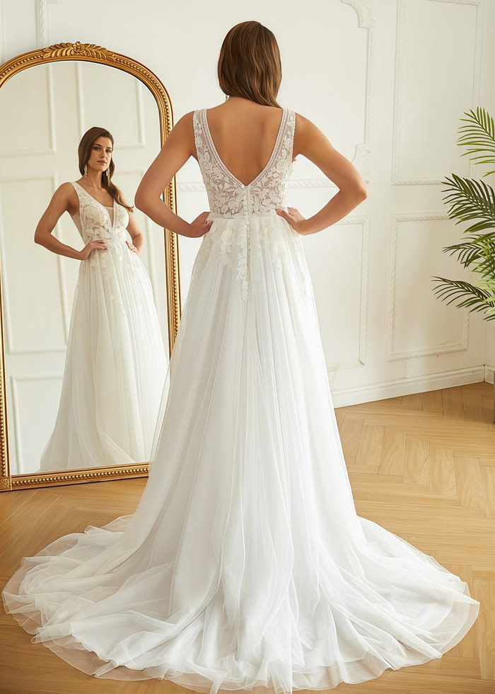 Lesley | Stunning A Line/Princess V Neck Applique Lace Tulle Wedding Dress With Sweep Train - White - Promdressclub