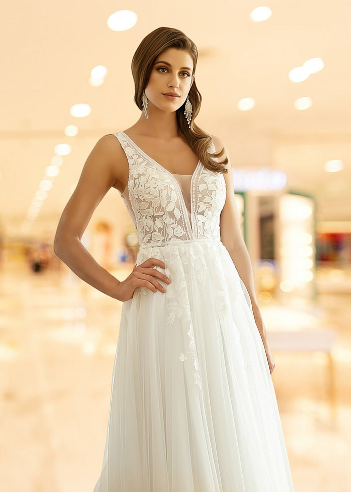 Lesley | Stunning A Line/Princess V Neck Applique Lace Tulle Wedding Dress With Sweep Train - White - Promdressclub
