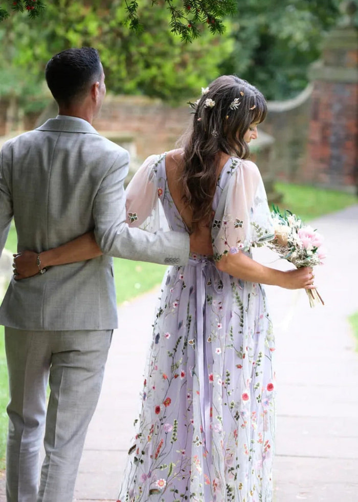 Lorelei | Discover Flattering A Line Floral Wedding Dresses With Sleeves - White Floral - Promdressclub