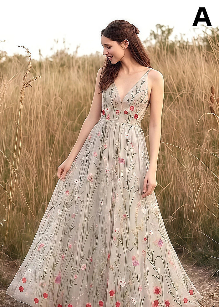 Lucia | Floral Champagne Wedding Dresses – Custom Colors &Amp; All - Day Comfort - Champagne Floral - Promdressclub
