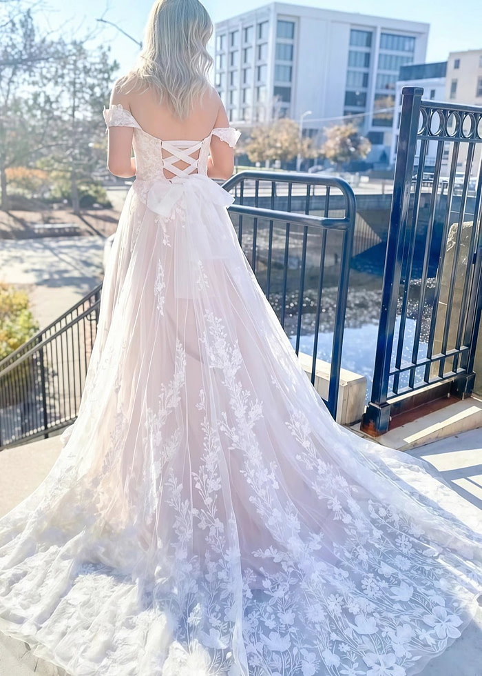 Maggie | Elegant Sunlit Off The Shoulder Sweetheart Neck Backless Wedding Dress With Floral Embroidery – Perfect For Garden Or Rustic Weddings - Ivory - Promdressclub