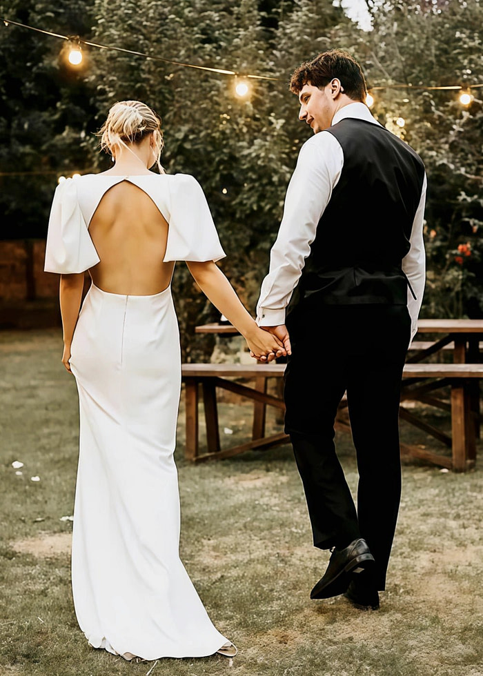 Marguerite | Chic Sheath/Column V Neck Puff Sleeve Backless Ivory Satin Wedding Dress - Ivory - Promdressclub