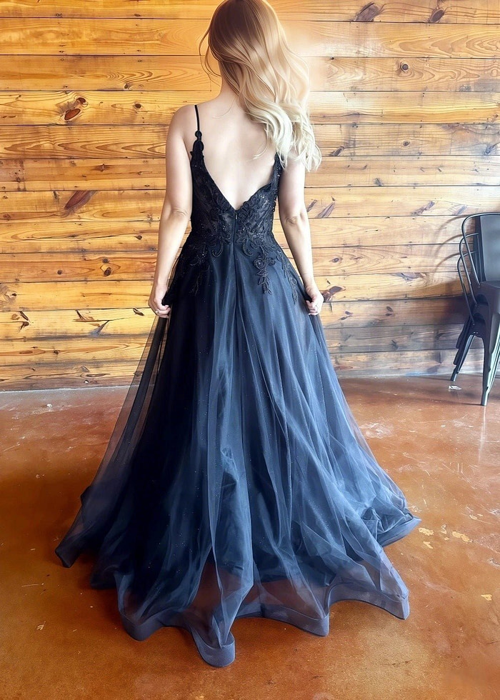 Marian | Gothic Black A Line Spaghetti Strap Open Back Lace Wedding Dress - Black - Promdressclub