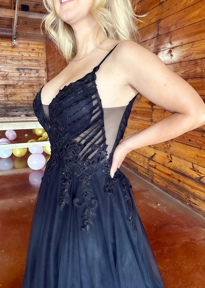 Marian | Gothic Black A Line Spaghetti Strap Open Back Lace Wedding Dress - Black - Promdressclub