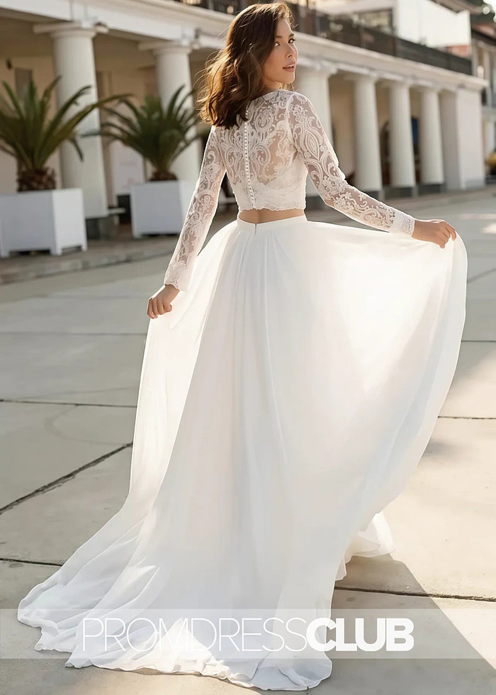 Maureen |Fall Long Wedding Dresses Near Me With Two Piece V - Neck Sweep Train Lace Long Sleeves - Price #Price_Variant_Lowest# - White - Promdressclub
