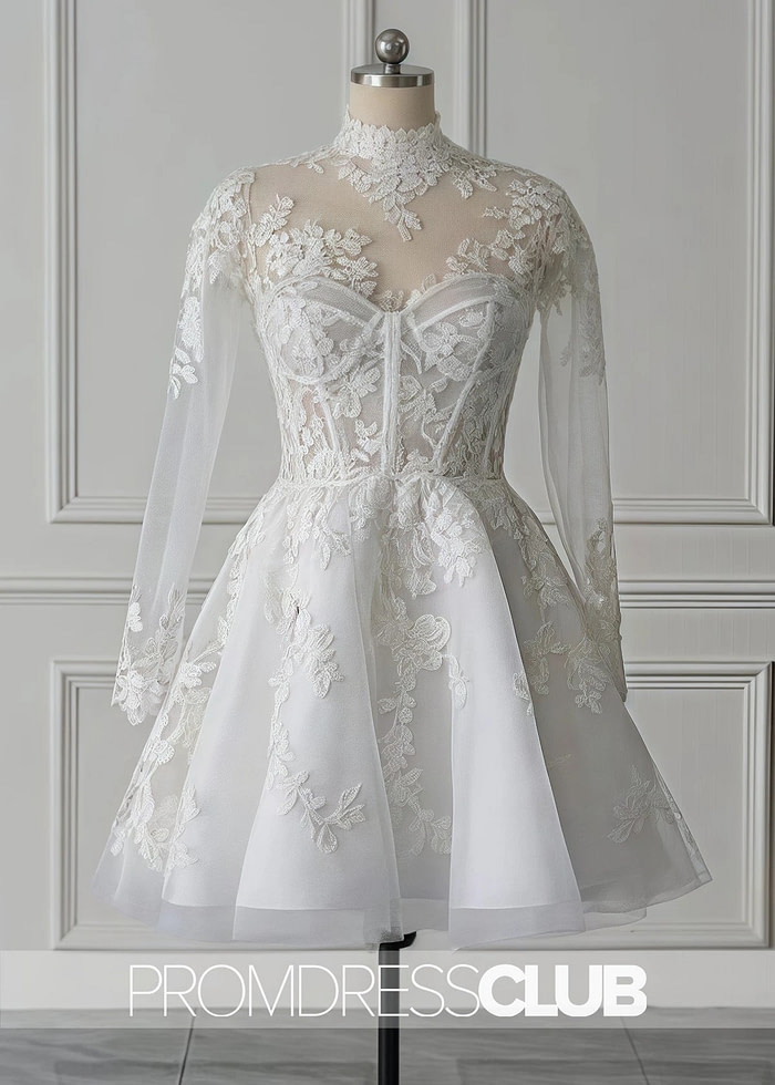 Mavis |Short White Wedding Dresses Near Me With A - Line Illusion Neck Long Sleeves Lace - Price #Price_Variant_Lowest# - White - Promdressclub