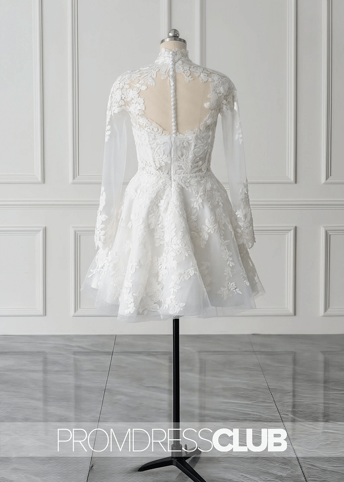Mavis |Short White Wedding Dresses Near Me With A - Line Illusion Neck Long Sleeves Lace - Price #Price_Variant_Lowest# - White - Promdressclub