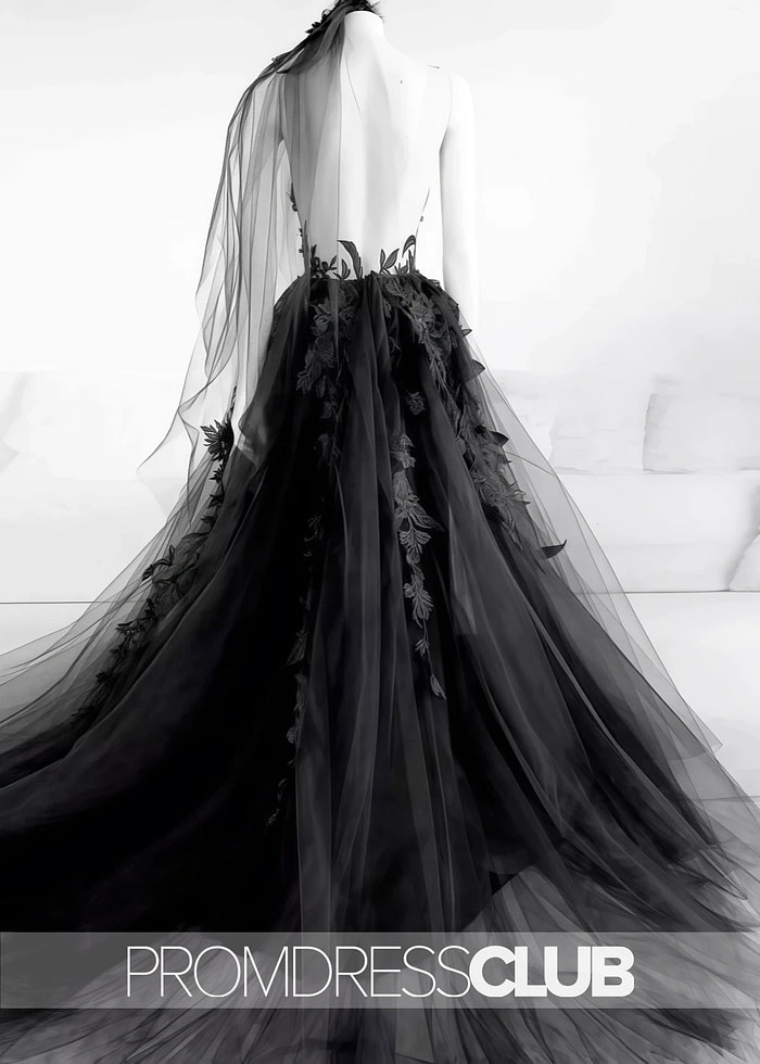Megan |Long Black Wedding Dresses Near Me With Sexy Black Lace Appliques Sleeveless Tulle Backless Veil - Price #Price_Variant_Lowest# - Black - Promdressclub
