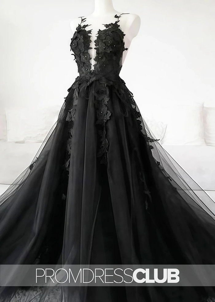 Megan |Long Black Wedding Dresses Near Me With Sexy Black Lace Appliques Sleeveless Tulle Backless Veil - Price #Price_Variant_Lowest# - Black - Promdressclub