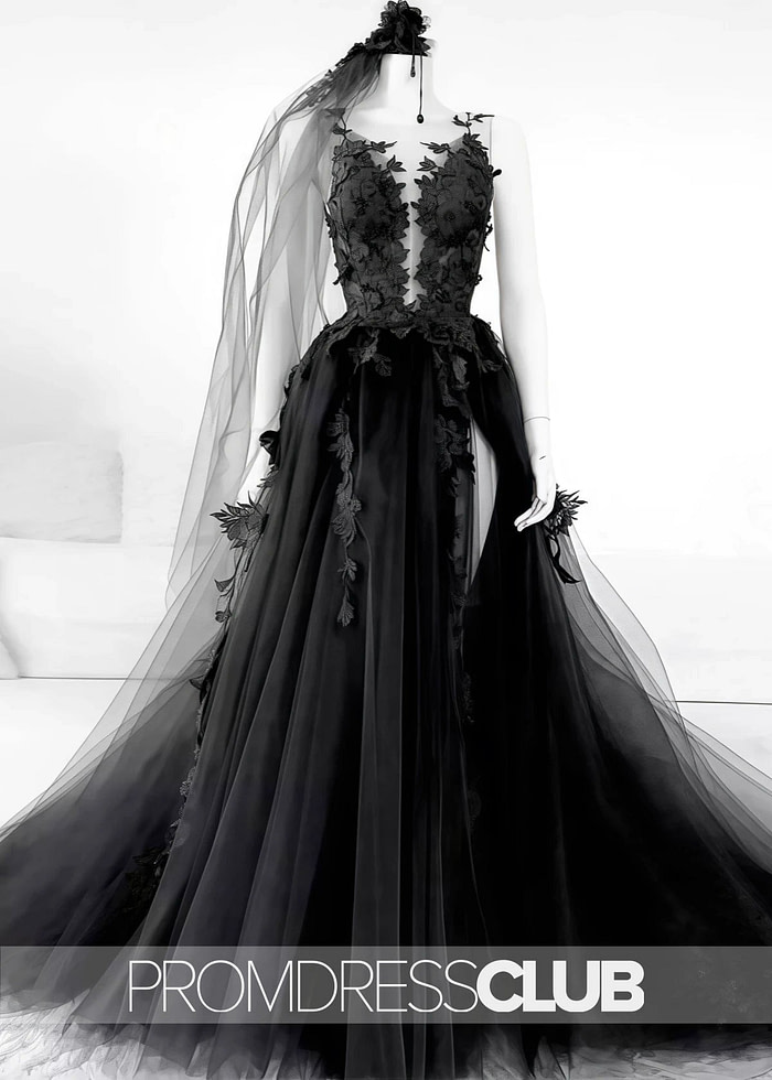 Megan |Long Black Wedding Dresses Near Me With Sexy Black Lace Appliques Sleeveless Tulle Backless Veil - Price #Price_Variant_Lowest# - Black - Promdressclub