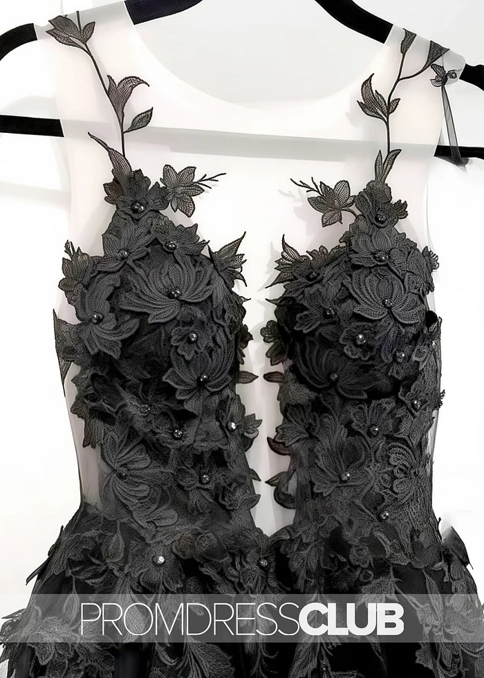 Megan |Long Black Wedding Dresses Near Me With Sexy Black Lace Appliques Sleeveless Tulle Backless Veil - Price #Price_Variant_Lowest# - Black - Promdressclub