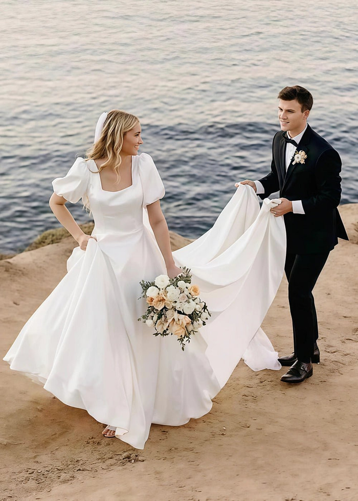 Megan | Modest Square Neck Puff Sleeve Satin Wedding Dress For Church Wedding - Ivory - Promdressclub