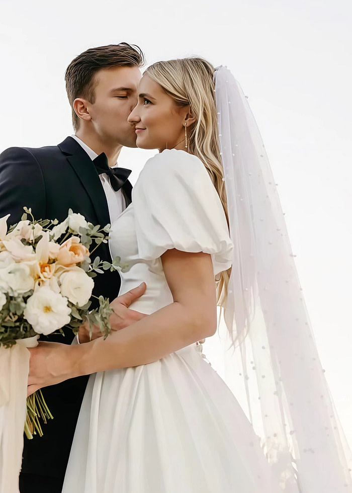 Megan | Modest Square Neck Puff Sleeve Satin Wedding Dress For Church Wedding - Ivory - Promdressclub