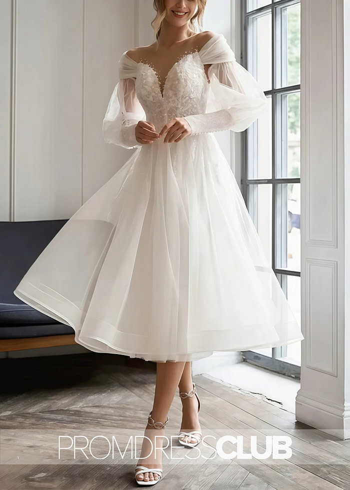 Melissa |Short White Wedding Dresses Near Me With A - Line Sweetheart Long Sleeves Elegant Tulle Appliques Lace - Price #Price_Variant_Lowest# - White - Promdressclub