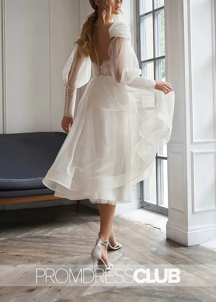 Melissa |Short White Wedding Dresses Near Me With A - Line Sweetheart Long Sleeves Elegant Tulle Appliques Lace - Price #Price_Variant_Lowest# - White - Promdressclub