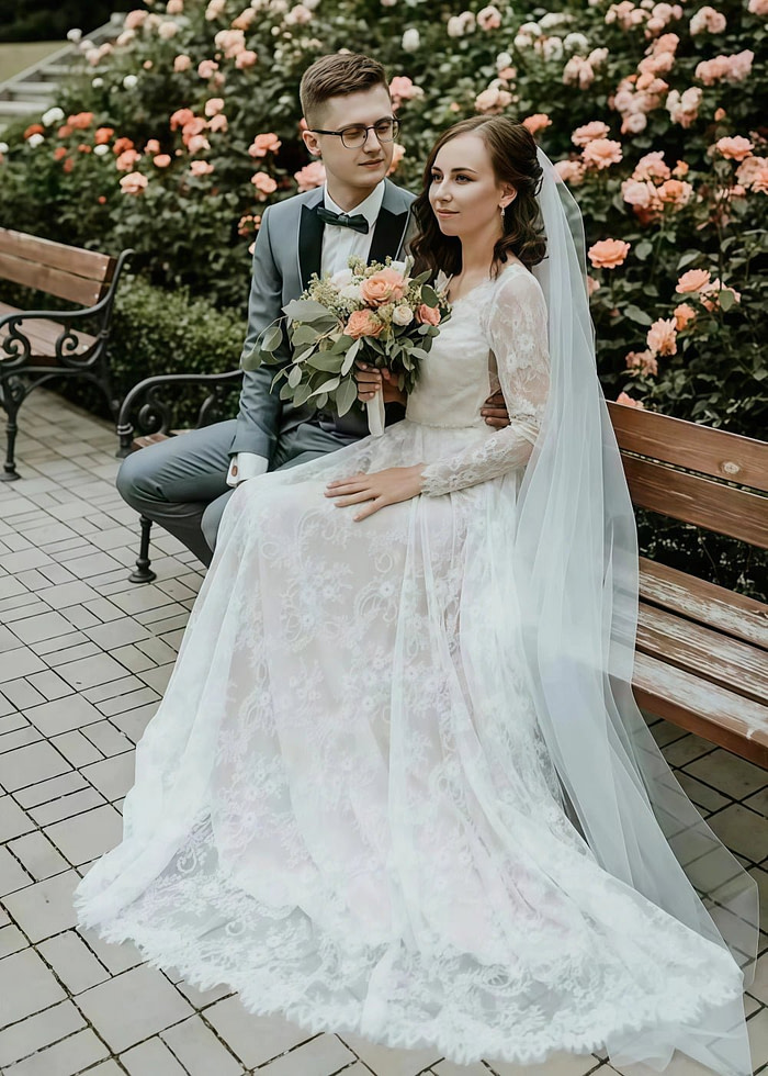 Merry | Modest A Line Long Sleeve Lace Wedding Dress For Church Weddings - Ivory - Promdressclub