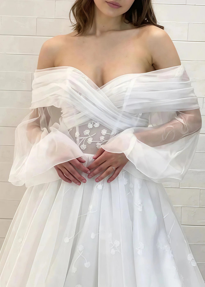 Mignon | Stunning Off The Shoulder Long Sleeve A Line Wedding Dress With Floral Lace Appliques - White - Promdressclub