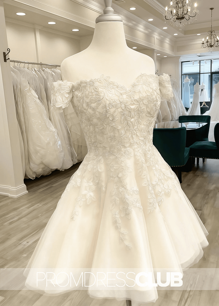 Modesty |Short - Mini White Wedding Dresses Near Me With Appliques Lace A - Line Off The Shoulder - Price #Price_Variant_Lowest# - White - Promdressclub