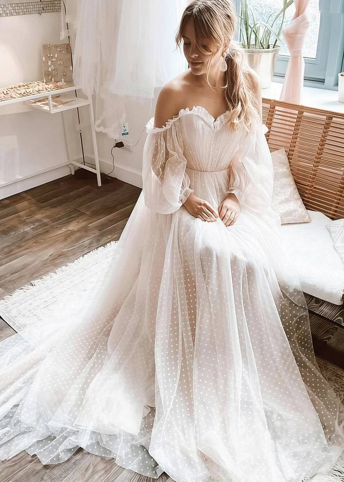 Moira | Elegant Boho Off The Shoulder Polka Dot Tulle Drop Waist A Line Wedding Dress - White - Promdressclub