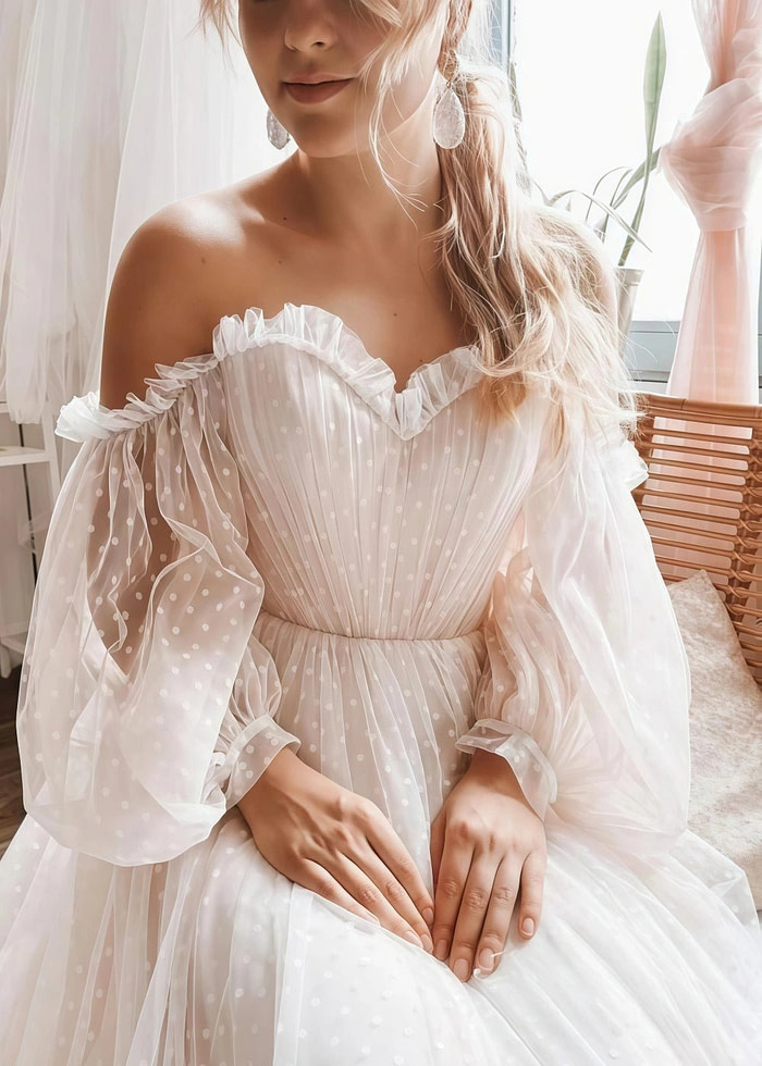 Moira | Elegant Boho Off The Shoulder Polka Dot Tulle Drop Waist A Line Wedding Dress - White - Promdressclub