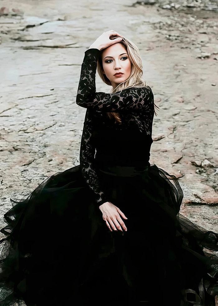 Mona | Stunning Modest Long Sleeve Black Lace And Tulle Wedding Dress No Train - Black - Promdressclub