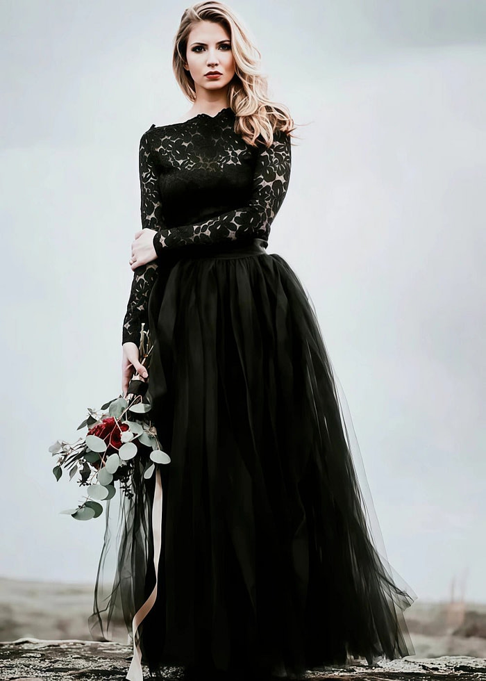 Mona | Stunning Modest Long Sleeve Black Lace And Tulle Wedding Dress No Train - Black - Promdressclub