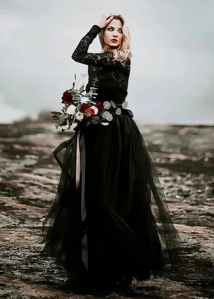 Mona | Stunning Modest Long Sleeve Black Lace And Tulle Wedding Dress No Train - Black - Promdressclub