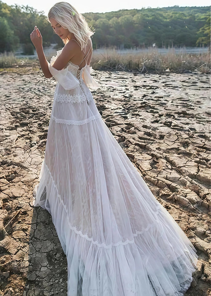 Myrna | Bohemian Off The Shoulder V Neck Lace Tulle Wedding Dress For Outdoor Weddings - Ivory - Promdressclub