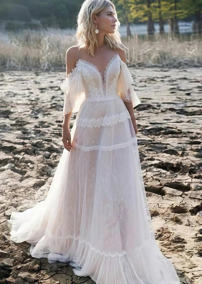 Myrna | Bohemian Off The Shoulder V Neck Lace Tulle Wedding Dress For Outdoor Weddings - Ivory - Promdressclub