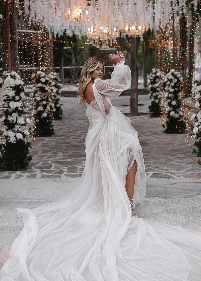 Nancy | Ethereal Deep V - Neck Long Sheer Sleeve Wedding Dress Long Train With High Slit - White - Promdressclub