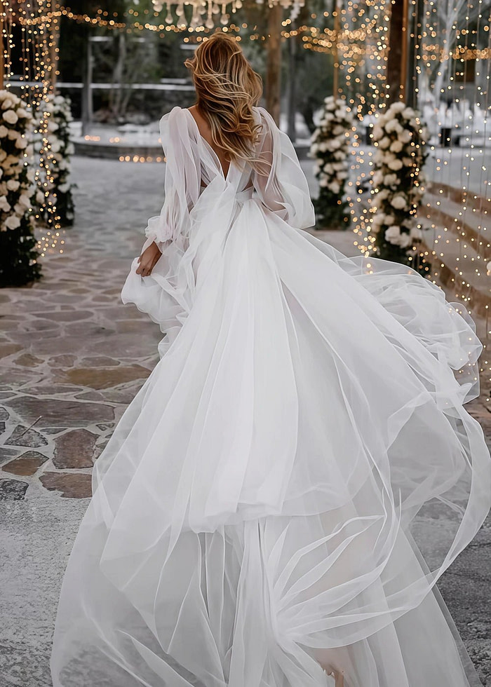 Nancy | Ethereal Deep V - Neck Long Sheer Sleeve Wedding Dress Long Train With High Slit - White - Promdressclub