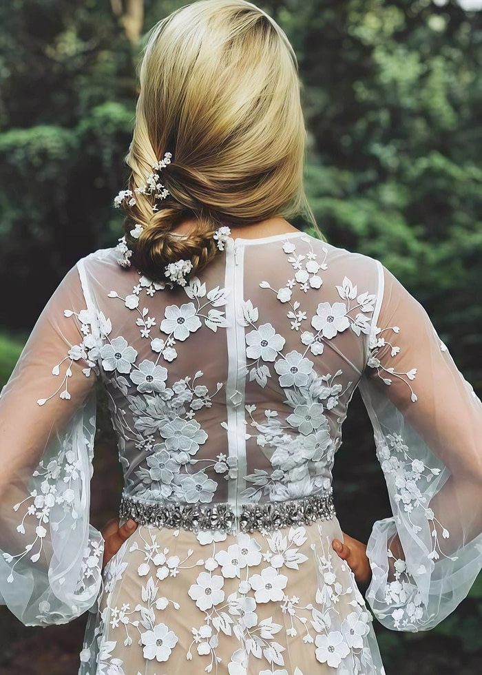 Novia | Ethereal Modest Floral Embroidered Long Puff Sleeve Wedding Dress - White - Promdressclub