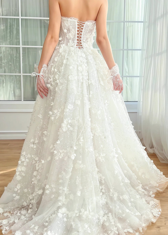 Poppy | Stunning White Strapless Floral Corset Wedding Dress - White Floral - Promdressclub