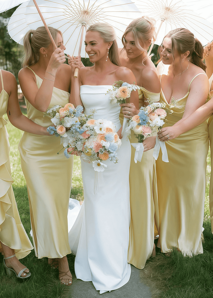 Alice | Simple Sheath Silk Satin Pale Yellow Maxi Bridesmaid Dress With Slit And Ruffles - Price #Price_Variant_Lowest# - Pale Yellow - Promdressclub