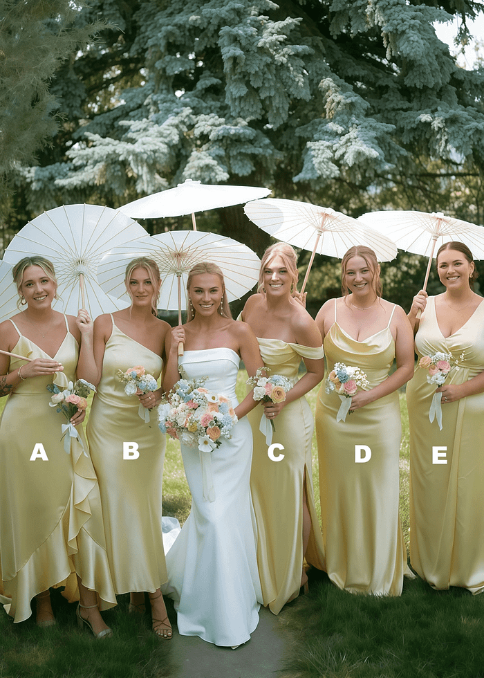 Alice | Simple Sheath Silk Satin Pale Yellow Maxi Bridesmaid Dress With Slit And Ruffles - Price #Price_Variant_Lowest# - Pale Yellow - Promdressclub