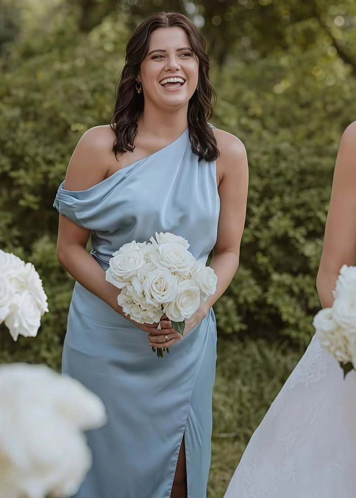 Akaks Incredible Fuchsia Bridesmaid Dress Satin Sheath One Shoulder Floor Length Dress With Slits Image940254