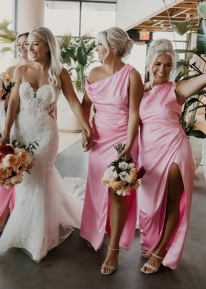 Akaks Incredible Fuchsia Bridesmaid Dress Satin Sheath One Shoulder Floor Length Dress With Slits Image312860
