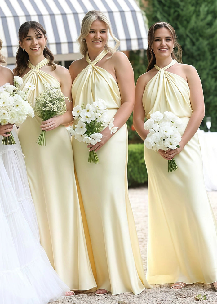 Amy | Sheath Twist Knot Pale Yellow Stretch Satin Maxi Bridesmaid Dress With Halter And Backless - Price #Price_Variant_Lowest# - Pale Yellow - Promdressclub