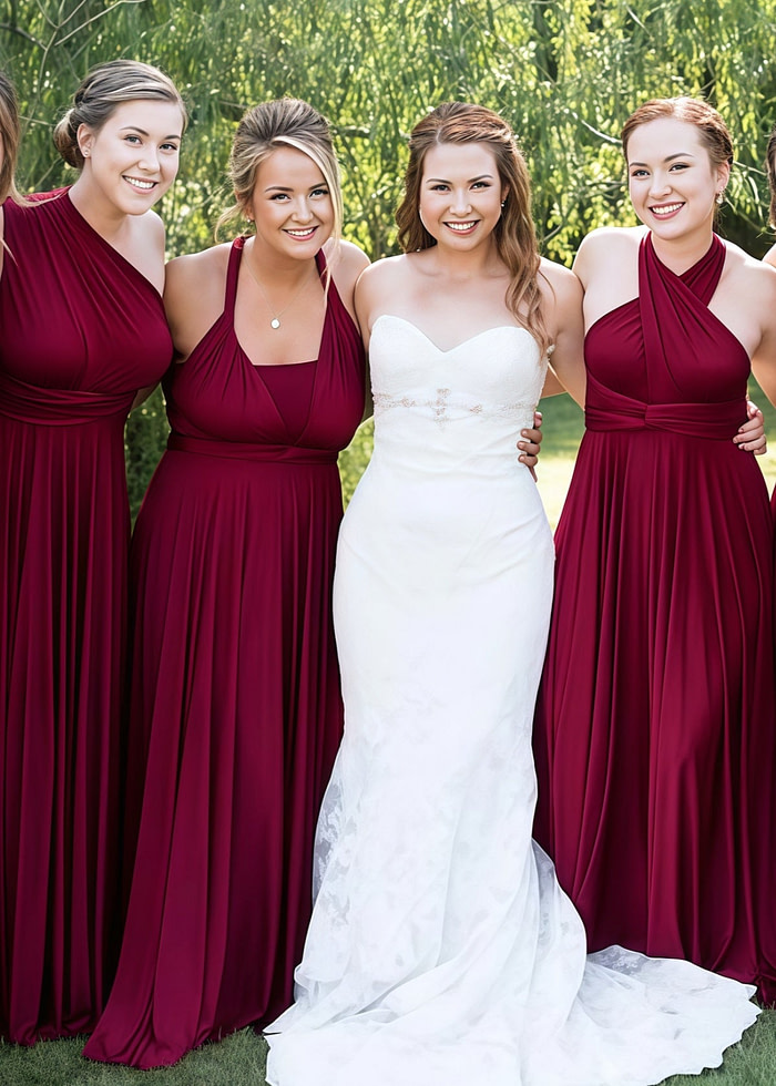 Clara | Blessed Romance Convertible Burgundy Chiffon Maxi Bridesmaid Dress With Multiway Infinity - Price #Price_Variant_Lowest# - Burgundy - Promdressclub